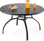 VEVOR Outdoor Patio Dining Table, 47 inch Round Metal Steel Slat Backyard Bistro Tables, with 1.5 in Umbrella Hole, Outside All-Weather Large Furniture for Lawn Garden Porch, Black