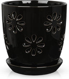 Oairse 6 inch Orchid Pots with Holes, Black Ceramic Orchid Pot for Repotting Small Indoor Plant Pots with Drainage Holes and Saucers Decorative Flower Planter for Orchids, Indoor Plant