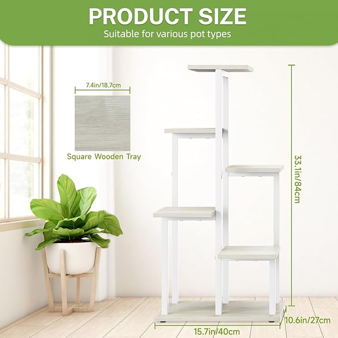 iDavosic.ly 6 Tier Plant Stand Indoor, Tiered Corner Plant Shelf for Multiple Plants, Metal Wood Tall Plant Display Rack Flower Holder for Patio Porch Garden Balcony Bedroom, White