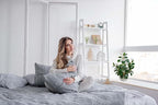 AlphaAcc 17.8 Inch Artificial Ficus Plant Potted Faux Greenery in Gray Round Vertical Striped Cement Planter with Pebbles Realistic Fake Plant for Indoor Modern Home Kitchen Living Room Office Decor
