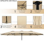 Tangkula 11 Piece Rattan Outdoor Dining Set with 15Ft Patio Umbrella for 8, Outdoor Wicker Table Set with 8 Cushioned Armchairs, Acacia Wood Top, Outdoor Umbrella with Base Included