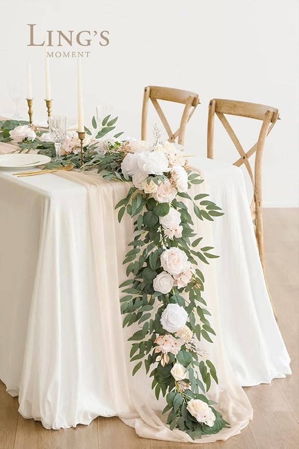 Artificial Flower Garland, 6 Ft Eucalyptus & Willow Leaf in White Beige