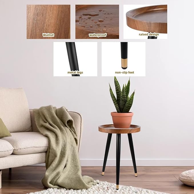 Plant Stand Indoor,Mid Century Walnut Wood Plant Table, Heavy Duty Metal Tall Flower Pot Stand,Modern Round Small Side End Table with Raised Design(12"x17")
