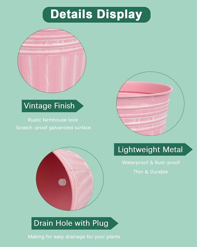 vensovo 10 Inches Pink Metal Rustic Plant Pots - 4 Pcs Large Shallow Galvanized Planters with Drain Hole and Rubber Plug, Rustproof Tin Bucket Succulent Pot Indoor Farmhouse Vintage Style for Decor