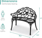VINGLI 38.5" Patio Park Garden Outdoor Metal Rose Bench, 2-Person Cast Iron Cast Aluminium Frame Antique Finish Chair,Accented Lawn Front Porch Path Yard Decor Deck Furniture (Black, Rose)