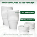 T4U 4 Inch Plant Pots 18-Pack, Small Flower Pots with Saucer and Drainage Hole, Durable Plastic Pots, Nursery Small Flower Pot Bulk for Plants, Succulent, Violet, Decorative (18 Pack 4" Pot, White)