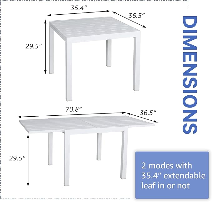 Extendable Patio Dining Table, White Aluminum, 35 to 71 Inches
