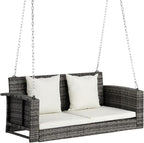 VINGLI Heavy Duty 800 LBS Wicker Hanging Porch Swing with Cushions & Chains, 4FT Outdoor Rattan Swing Bench for Garden, Yard, Lawn (Grey+White)