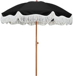 AMMSUN Boho Fringe Umbrella Outdoor Patio, 6.5ft UPF50+ Picnic Umbrella with Tassels with Steel Pole and Push Button Tilt, Noble Black