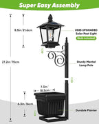 Outdoor Flower Pots 2 in 1, Solar Lamp Post with Planter, Metal Pole, Wall Mount/Standing Solar Planter Lights IP65 Waterproof, Decorative Lamp for Garden, Patio, Porch, 1-Pack (Flowers not Included)