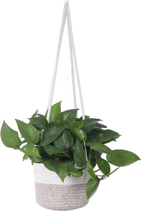 Hanging Planter Basket Jute Rope Woven Plant Hangers Indoor Hanging Plant Holder Up to 7" Pot Macrame Modern Storage Organizer Home Decor (White & Brown)