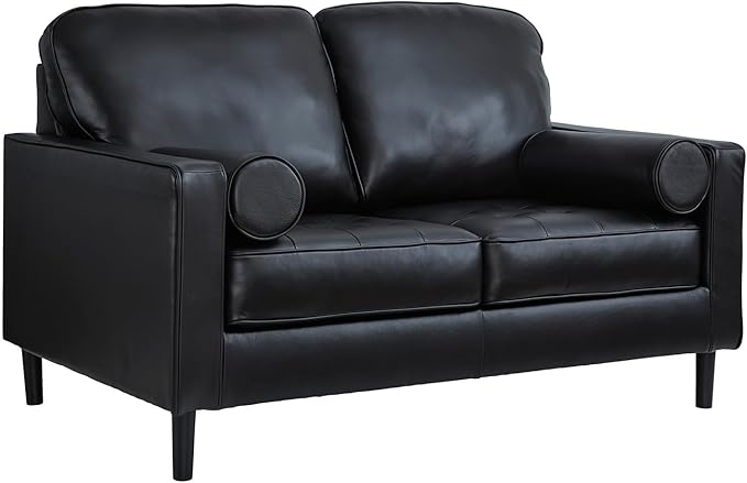 Signature Design by Ashley Bryceview Mid-Century Leather Match Tufted Loveseat with 2 Bolster Pillows, Black