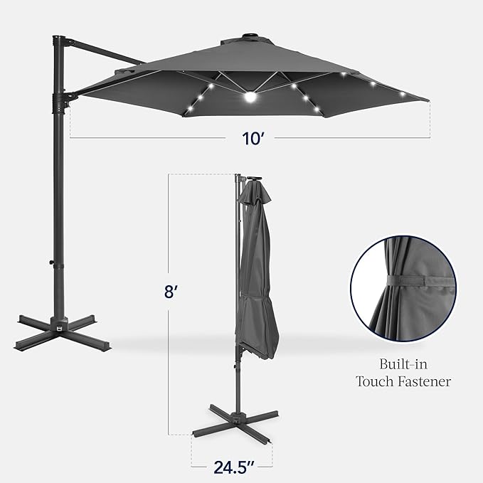 Best Choice Products 10ft Solar LED Offset Cantilever Hanging Market Patio Umbrella, Smooth 360° Rotation, 8 Sturdy Ribs, Easy Adjustment - Gray