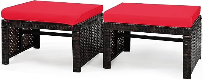 Tangkula 2 Pieces Patio Rattan Ottomans, All Weather Outdoor Footstool Footrest Seat with Soft Cushion, Hidden Zipper, High-Density Sponge, Wicker Ottoman Seat for Patio, Garden, Poolside (Red)