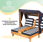 KidKraft Wooden Outdoor Double Chaise Lounge with Cup Holders, Kid's Patio Furniture, Honey with Navy and White Striped Fabric, Gift for Ages 3-8