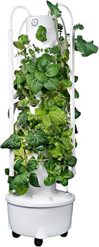 HX Aeroponic Tower | High Capacity Tower | Hydroponics Growing System Kit | Food Grade with 40 Net Pots (with LED Grow Lights)