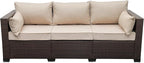 WAROOM Patio Couch PE Rattan 3-Seat Outdoor Sofa Brown Wicker Furniture Set Deep Seating with Anti-Slip Beige Cushion