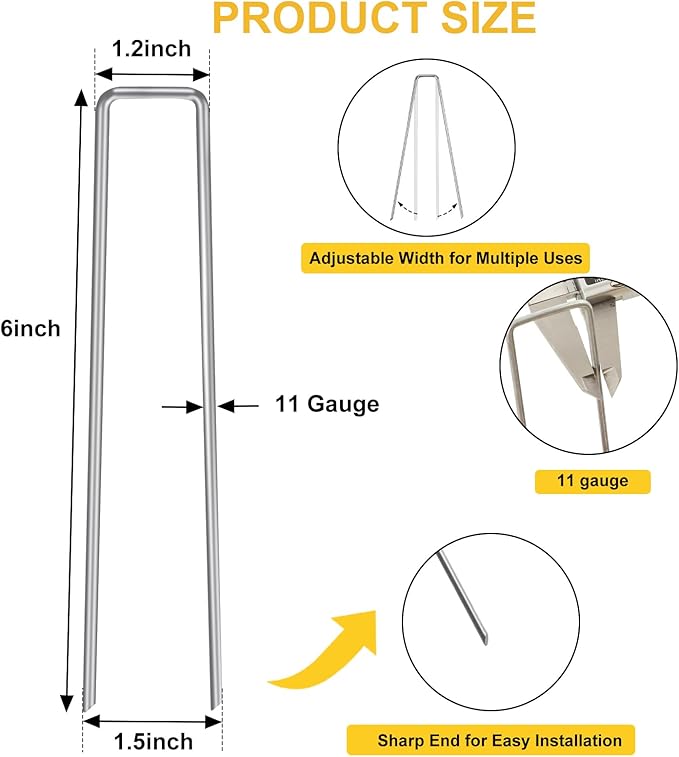 HongWay 100 Pack 6 Inch Landscape Staples, Galvanized Garden Stakes 11 Gauge U-shaped Tent Stakes Yard Pins Plant Cover Stakes Ground Staples for Landscaping Fabric, Lawn, Turf, Fence, Irrigation Hose