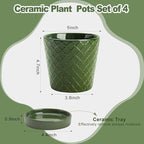 EFISPSS Ceramic Plant Pots, 5 Inch Planters with Drainage Holes and Ceramic Tray, Relief Design Flower Planter, Desktop Office Windowsill Decoration Gift Set of 4 - Blackish Green