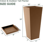 Set of 2 Large Planters for Outdoor Plants 24" Tall Tapered Modern Flower Pots with Drainage Tray for Garden, Patio, Porch (Brown)
