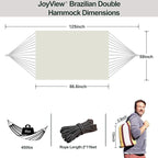 JoyView Brazilian Double Hammock with Hanging Ropes Extra Large 86.6x59” Portable Cotton Hammock for Patio Backyard Porch 450LBS Weight Capacity Perfect for Outdoor/Indoor - Natural White