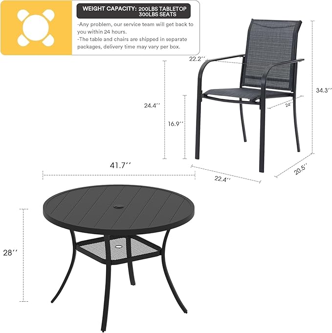 VICLLAX 5 Pieces Patio Dining Set, Outdoor Furniture Set Includes 41.2" Round Patio Table and 4 Patio Sling Chairs, Black Tabletop and Dark Grey Fabric