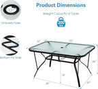 Tangkula 55" Patio Dining Table for 6, Rectangle Outdoor Dining Table with Tempered Glass Tabletop, Umbrella Hole & Metal Frame, 6-Person Outside Dining Table for Backyard, Lawn, Deck & Poolside