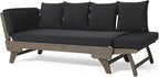 Merax Outdoor Patio Daybed Sofa,3-Seat Sofa with Foldable Arm 4 Back Pillows,Teak Acacia Wood Frame Beige Removable Cushion,Grey+Black