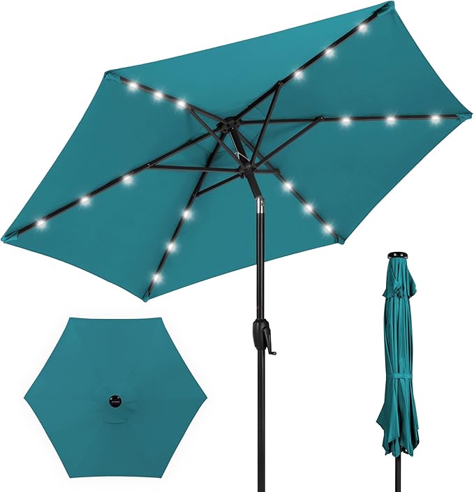 Best Choice Products 7.5ft Outdoor Solar Market Table Patio Umbrella for Deck, Pool w/Tilt, Crank, LED Lights - Cerulean