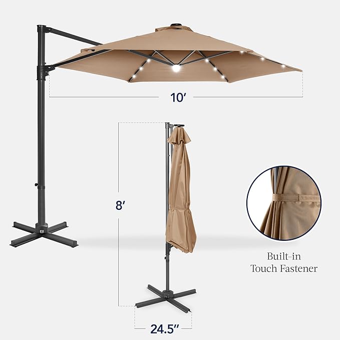 Best Choice Products 10ft Solar LED Offset Cantilever Hanging Market Patio Umbrella, Smooth 360° Rotation, 8 Sturdy Ribs, Easy Adjustment - Tan