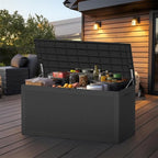 ROJIK Outdoor Storage Housing Deck Box - Waterproof Patio Furniture, Garden Tools, Cushions, Pool Accessories Storage Bench with Lockable Lid and Side Handles (Black 110 Gal)