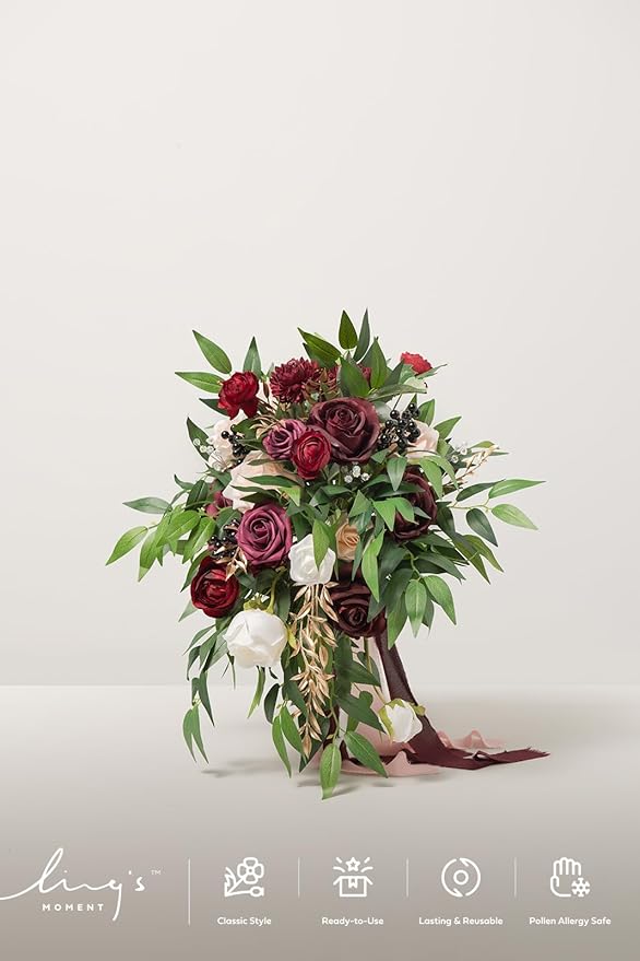 Artificial Cascading Bridal Bouquet in Marsala and Blush, 13 in