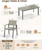 Outdoor Patio Dining Set for 6, Aluminum 7 Piece HDPS Patio Table and Chairs Set with Umbrella Hole, Modren Patio Furniture Set, Patio Dining Table and 6 Chairs (Classic Gray)