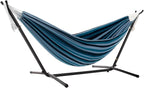Vivere Double Cotton Hammock with Space Saving Steel Stand, Upgraded Polyester End Strings 450 lb Capacity - Premium Carry Bag Included - USA Grown Cotton (Blue Lagoon)