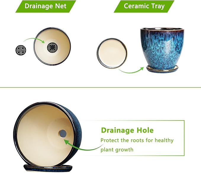 Ceramic Plant Pot, 6.3 Inch Ceramic Planter Pot with Drainage Hole and Saucer, Succulent Round Flower Pot for Indoor Plants Outdoor, Blue
