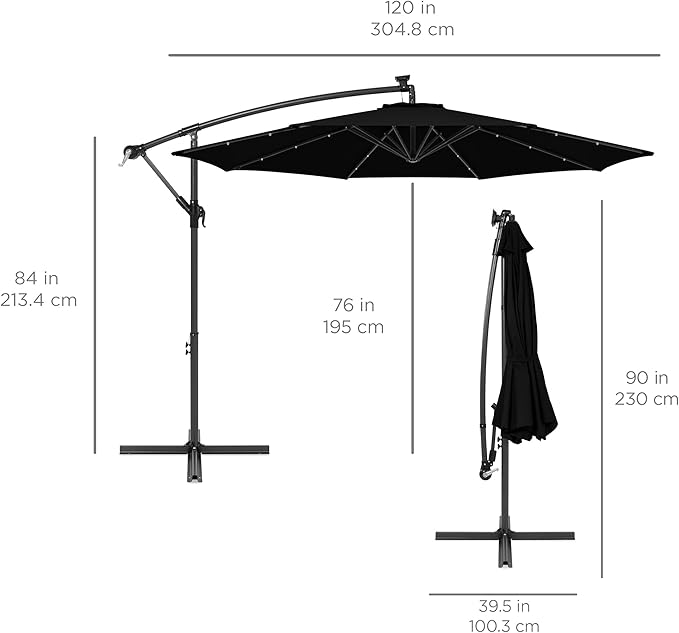 Best Choice Products 10ft Solar LED Offset Cantilever Hanging Market Patio Umbrella, 8 Sturdy Ribs, Easy Adjustment - Black