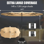 LEVELEVE 14FT Double-Sided Patio Umbrella with Base Included, Large Outdoor Rectangular Market Umbrella for Backyard, Poolside, Lawn & Garden, Khaki