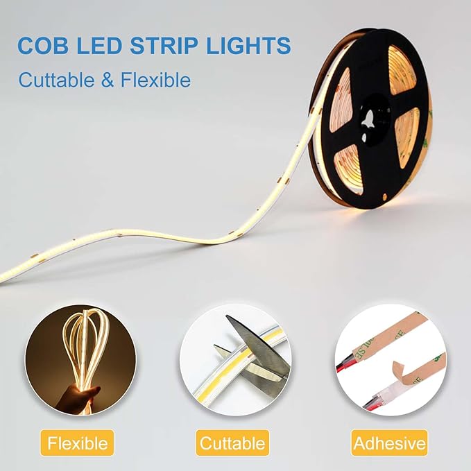 COB LED Strip Lights Waterproof IP67 DC24v Daylight White 6000K 16.4ft/5m High CRI 92Ra+ Outdoor LED Tape Lighting DIY Cuttable for Bedroom Kitchen Cabinet Shelf (Power Supply Not Included)