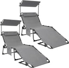 KingCamp 2 Pack Tanning Chair with Face Hole, Lounge Chairs Outdoor Folding Comfy Adjustable 5-Position Foldable Chaise Chaser with Canopy Shade for Outside Beach Patio, Grey