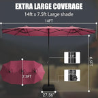 LEVELEVE 14FT Double-Sided Patio Umbrella with Base Included, Large Outdoor Rectangular Market Umbrella for Backyard, Poolside, Lawn & Garden,Red