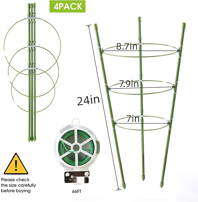 Kgozwon 4 Pack Tomato Cage Plant Support Cages for Garden, 24 inches Trellis for Climbing Plants, Upgrade Garden Plant Stakes with Adjustable Ring, Tomato Rings for Support, with Twist Tie