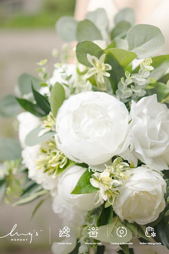 Artificial Flowers Cascading Bridal Bouquet, Faux Silk Peony & Rose