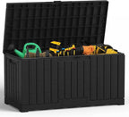 NEWBULIG 60 Gallon Deck Box, Waterproof Outdoor Storage Box with Lockable Lid, Patio Furniture Bench & Side Table, Outside Storage Container, Tool-Free Assembly, for Garden, Pool, Black