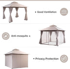 LAUSAINT HOME Semi-Permanent Outdoor Patio Gazebo 10'x10', Heavy Duty Party Tent Shelter with Double Roofs, Mosquito Nettings and Privacy Screens for Backyard, Garden, Lawn, Khaki
