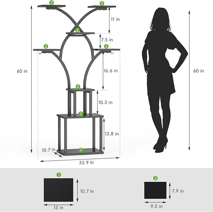 Elbourn Plant Stand Indoor with Grow Lights - 60" Tall Metal Plant Shelf for Multiple Plants, 8 Tiered Corner Plant Stands for Indoor Plants, X - Shaped Decorative Rack for Home, Living Room & Patio Decor (Black)