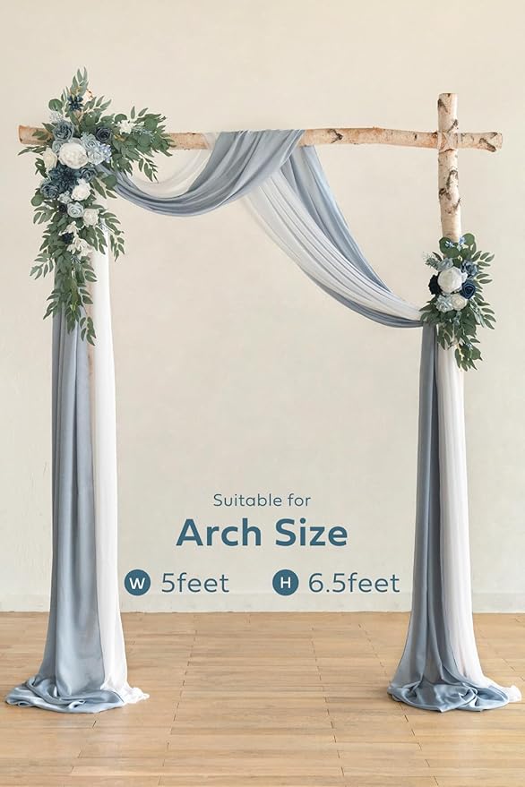 Artificial Flowers Wedding Arch Kit with Dusty Blue Drape, 4 Piece Set