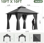 Aoxun 10x10 Outdoor Gazebo with 50FT LED Hanging Lights Metal Frame Canopy with Double Roofs Heavy Duty Party Tent and Shelter with Mosquito Netting and Privacy Screen for Backyard, Lawn, Garden(Gray)