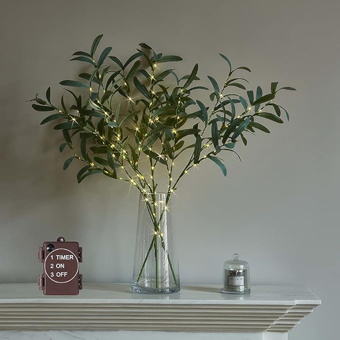 Artificial Olive Branches with 72 Warm White LED Fairy Lights, 24 Inch