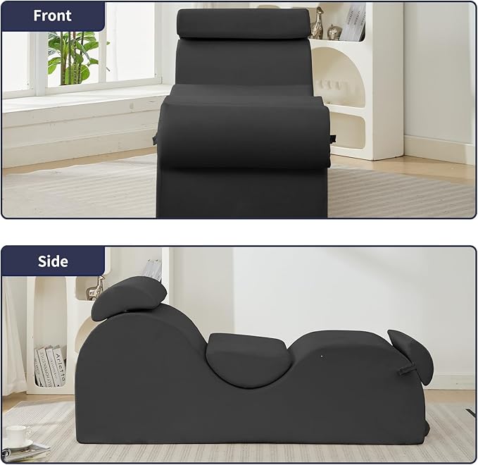 ijuicy Sleek Chaise Lounge Chair for Exercise, Indoor Lounger with Headrest, Waist Cushion, Movable Footrest, Side Pockets, Non-Slip Bottom, High Density Sponge, Dark Grey