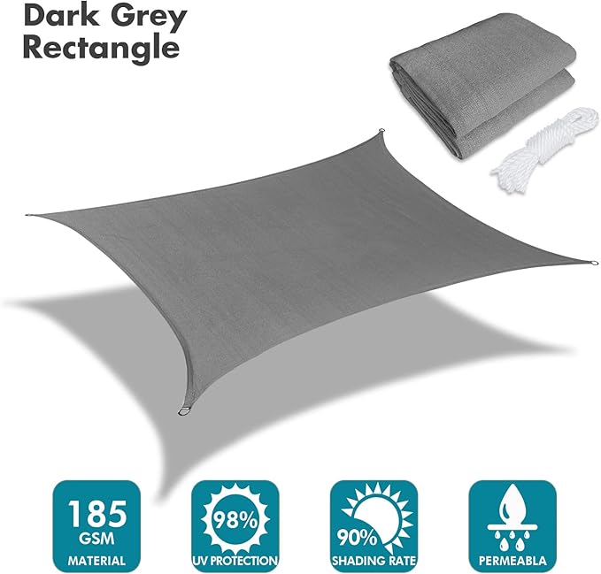 KANAGAWA 7'X12' Dark Gray Custom Size Sun Shade Sail Rectangle UV Block Canopy Cover for Patio Backyard Lawn Garden Outdoor (Customized Available)